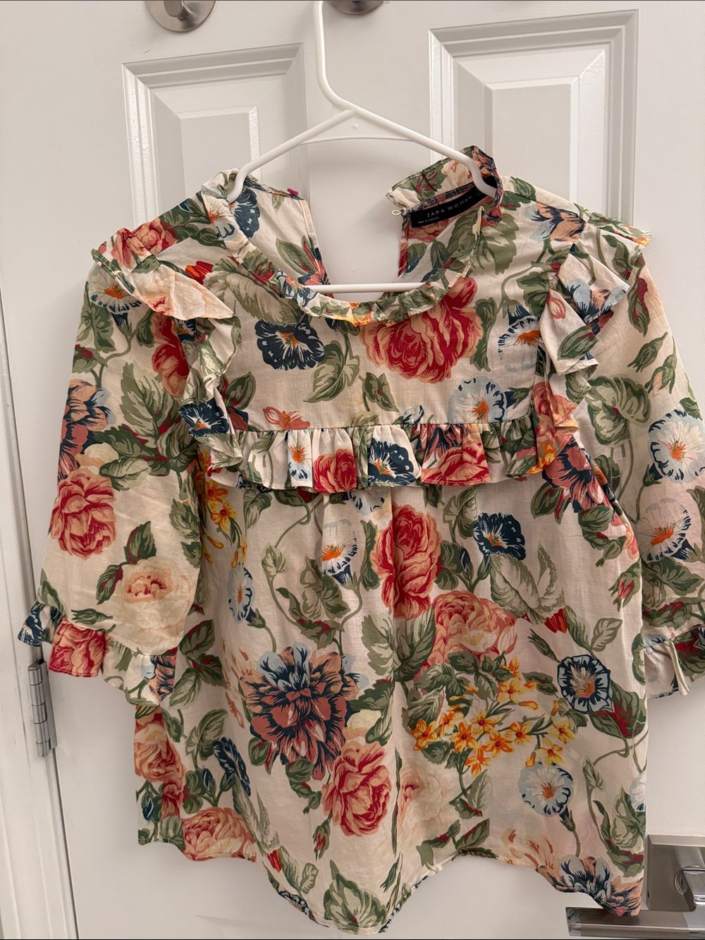 Zara Cream Floral Ruffle Tunic with Red, Blue & Green Print